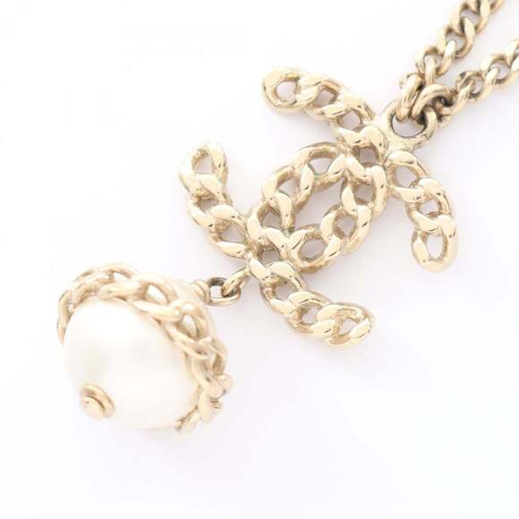 Chanel Coco Mark Necklace Gold Plated with Faux Pearls Women's and White